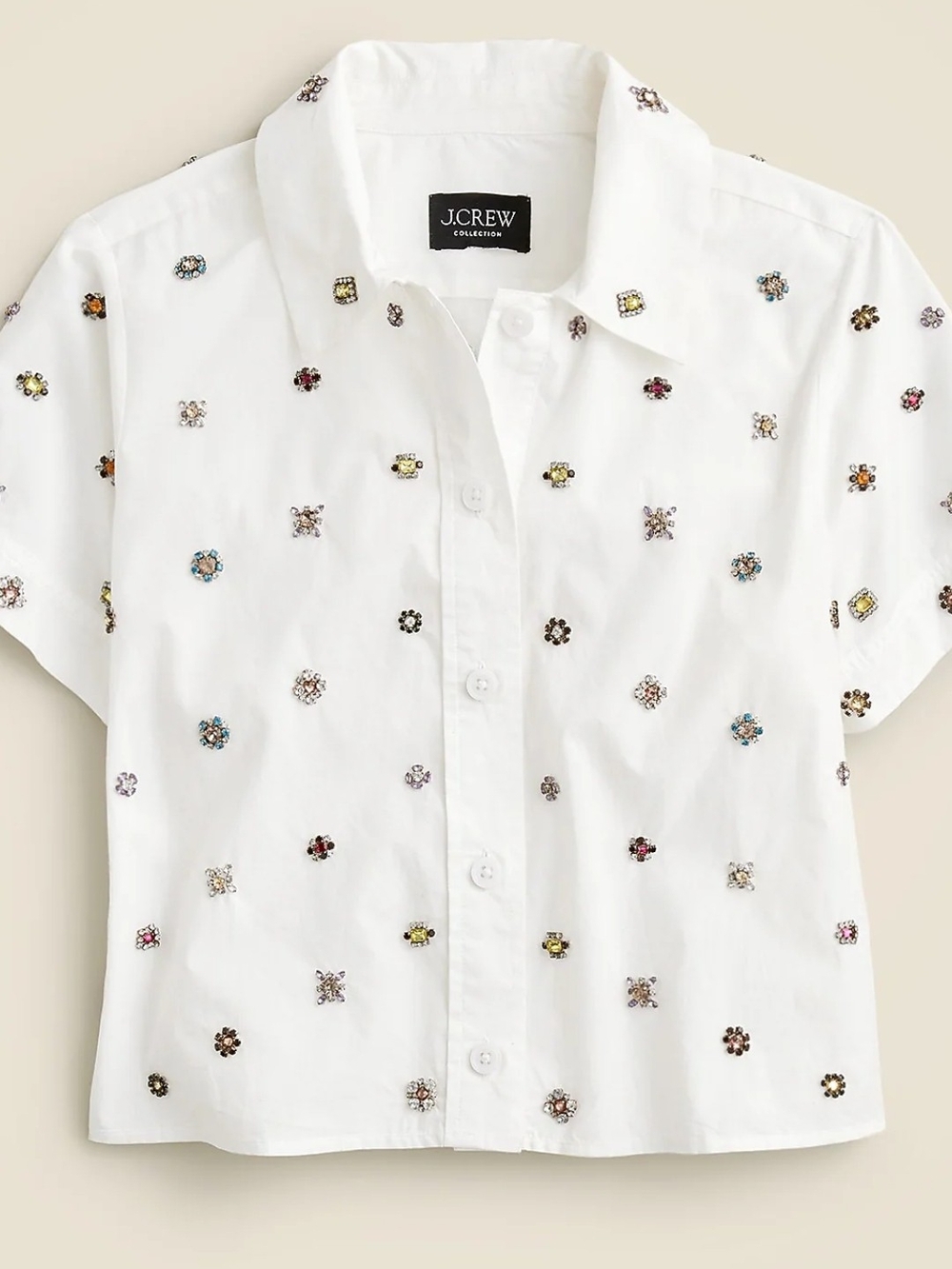 J.Crew White Short-Sleeve Embellished Button-Up Shirt